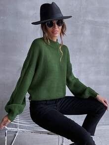 SHEIN LUNE Giải trí Quý cô Vòng cổ Màu thuần Thả vai Áo len - xanh quân đội - Xem 5