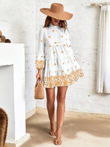 SHEIN Clasi Random Printed Long Sleeve Dress - Orange - View 4