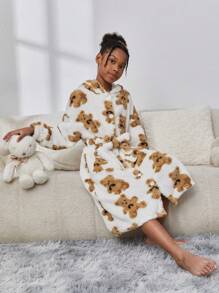 SHEIN Tween Girls' Casual Street Style Sports Teddy Fleece Hooded Robe - Multicolor - View 5