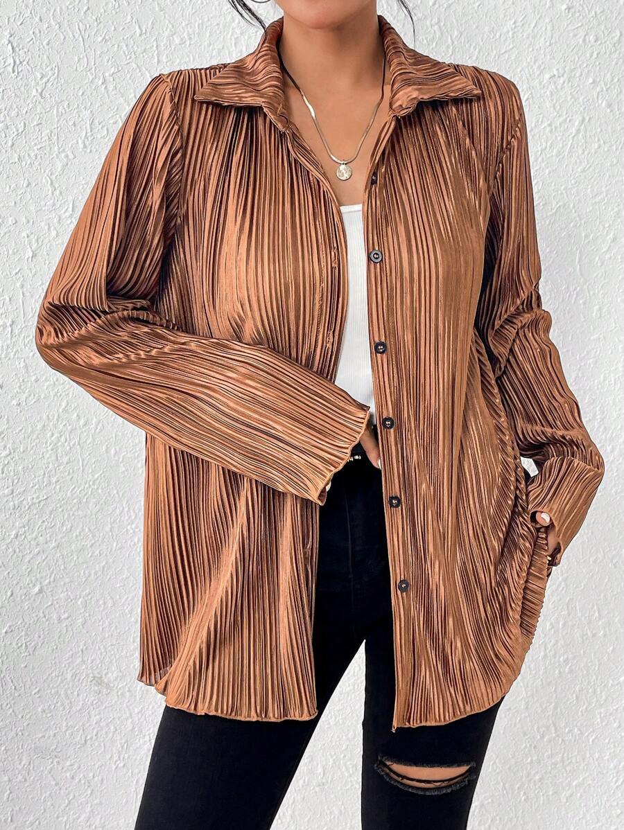 SHEIN Essnce 純色褶皺衫 - 棕色 - 查看 1