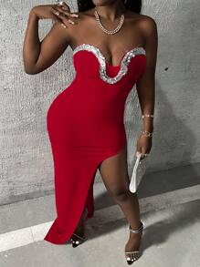Slaydiva 女款無肩帶串珠裝飾連身裙 - 紅色 - 查看 2