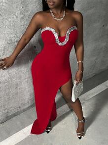 Slaydiva 女款無肩帶串珠裝飾連身裙 - 紅色 - 查看 5
