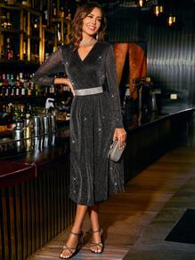 SHEIN Clasi Cổ chữ V Lưới Ruy băng Tay áo dài Kim sa Đầm - màu đen - Xem 5