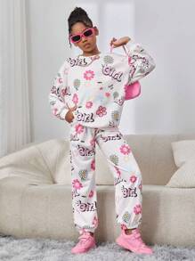 SHEIN 女童街頭潮流運動針織圓領長袖套頭衛衣套裝 - 彩色 - 查看 1