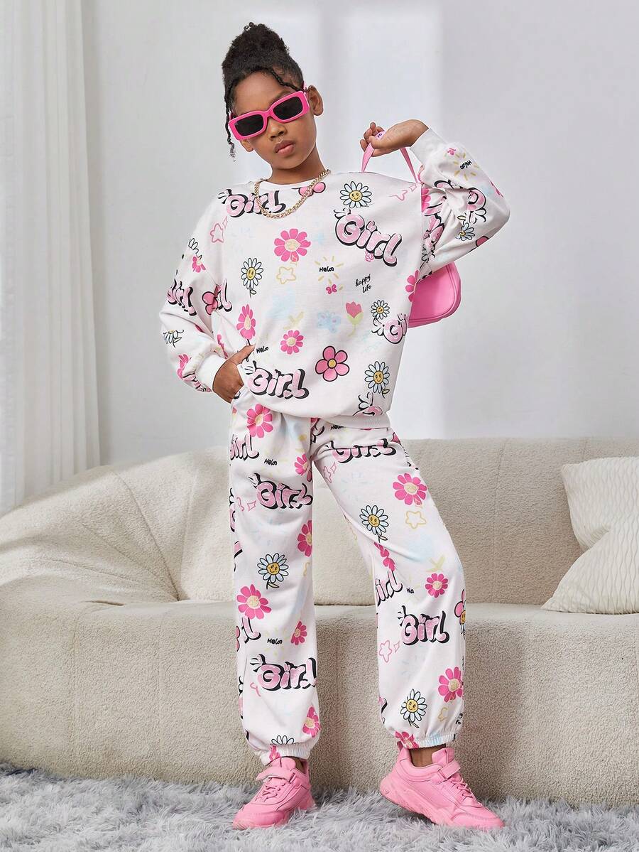 SHEIN 女童街頭潮流運動針織圓領長袖套頭衛衣套裝 - 彩色 - 查看 1