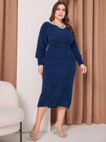 Modelyn Women's Plus Size Plain Round Neckline Waist-Collecting Sweater Dress