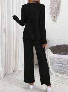 SHEIN LUNE 女士短上衣和褲子套裝,下垂肩設計 - 黑色 - 查看 2