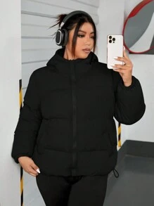 SHEIN EZwear Manteau matelassé femme de couleur unie à capuche, grande taille, hiver