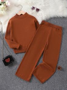 SHEIN Girls' (big) Solid Color Stand Collar Sweater Set - Coffee Brown - View 1