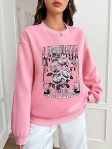 SHEIN EZwear Women's Floral Print Sweatshirt With Slogan - Baby Pink - View 7