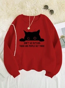 SHEIN Unity 大尺碼女貓標語印花抓絨運動衫 - 紅色 - 查看 1