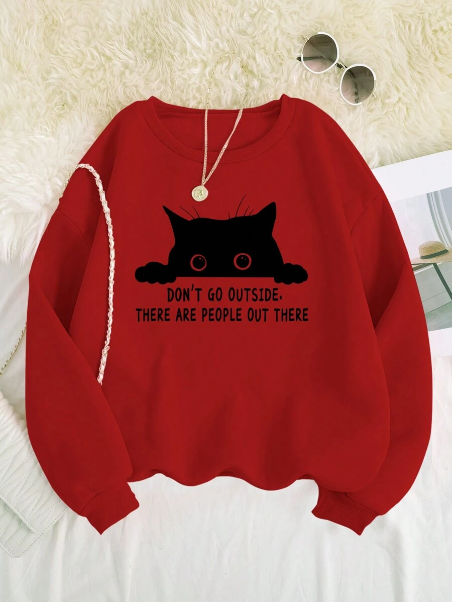 SHEIN Unity 大尺碼女貓標語印花抓絨運動衫 - 紅色 - 查看 1