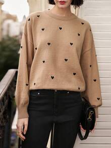 SHEIN Frenchy 心型落肩毛衣 - 卡其色 - 查看 3