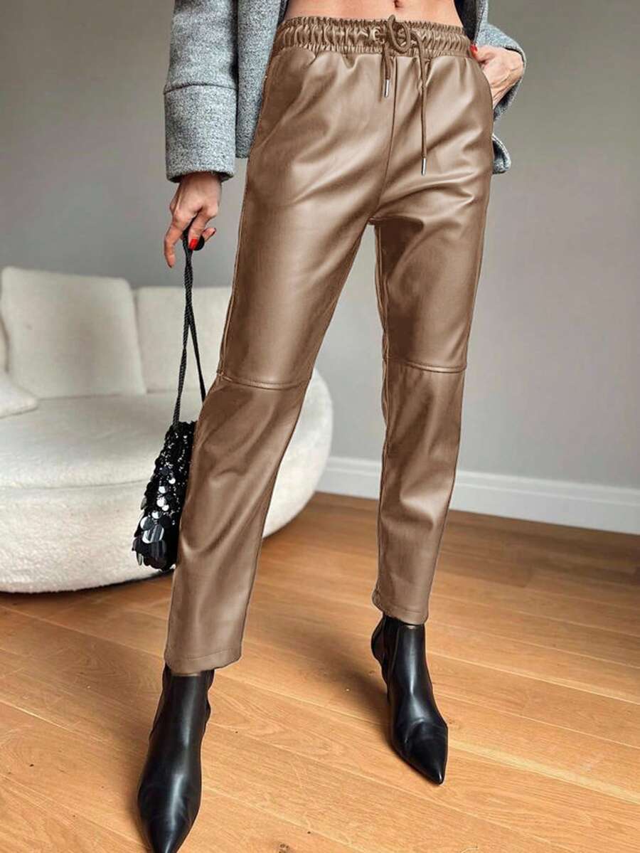 EURMUSE Ladies' Drawstring Waist Tapered Pants - Camel - View 1