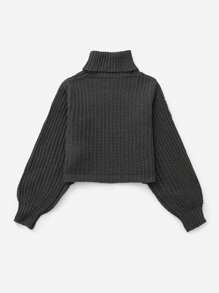 少女高領燈籠袖套頭毛衣 - 黑色 - 查看 2