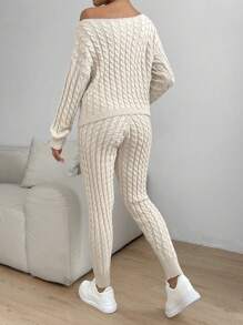 Celisse Cable Knit Drop Shoulder Sweater & Knit Pants - Khaki - View 2