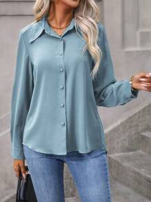 SHEIN LUNE Solid Color Long Sleeve Casual Shirt - Baby Blue - View 4