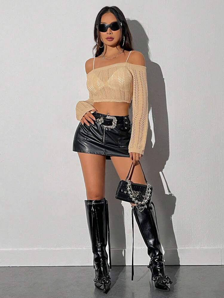 Women's Off Shoulder Hollow Out Knitted Sweater Fall Winter