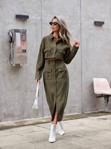 Aveloria Modichic Ladies' Solid Color Button Up Shirt And Split Hem Skirt Set 