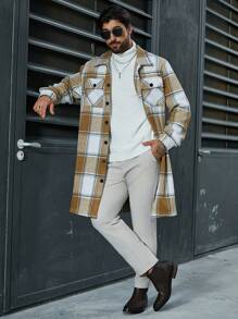 Manfinity Homme Men Plus Grid Pattern Mid-Length Woolen Coat - Yellow - View 4