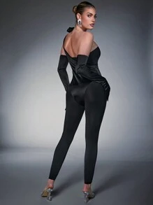 Hauture One Shoulder Rosette Jumpsuit With Gloves - Black - View 2