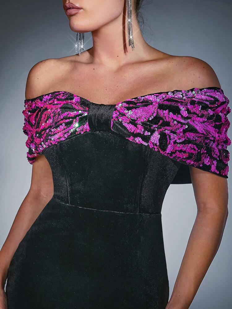 Sequin Off Shoulder Velvet Dress Suitable For Parties, Birthdays And Gatherings