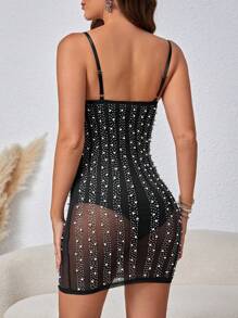 Zolique Slim Fit Cami Dress With Rhinestones, Pearls And Nails Decoration - Black - View 2