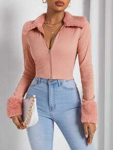 SHEIN PETITE Của phụ nữ Vá lại Khóa kéo UP Áo khoác - Bụi hồng - Xem 4