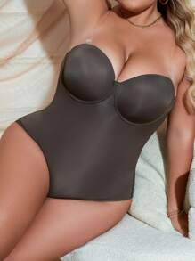 Plus Size Solid Color Strapless Bodysuit Shapewear - Coffee Brown - View 6