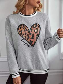SHEIN LUNE 豹紋心形&字母印花落肩套頭衫 - 灰色 - 查看 3