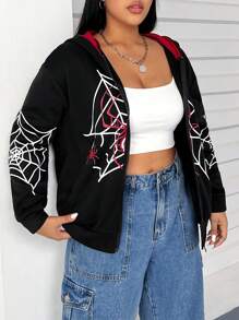Flirla Plus Size Hooded Spider Web Print Sweatshirt - Black - View 4