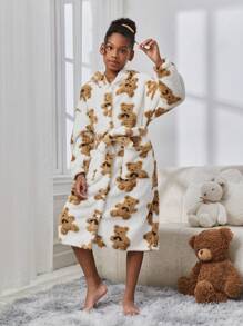 SHEIN Tween Girls' Casual Street Style Sports Teddy Fleece Hooded Robe - Multicolor - View 6