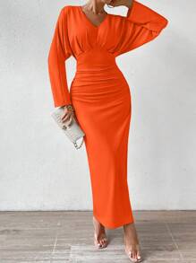 Chiquease 女士純色v領收身連衣裙,有褶皺設計 - 橘色 - 查看 3