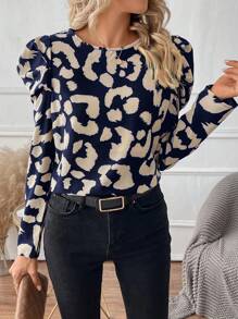 SHEIN Clasi Women's Leopard Print Leg Of Mutton Sleeve Blouse - Blue and White - View 4