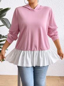 SHEIN Clasi 大码撞色荷叶边下摆套头卫衣，秋季卫衣 - 粉色 - 查看 1