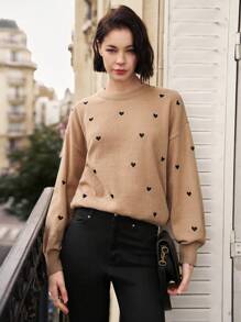 SHEIN Frenchy 心型落肩毛衣 - 卡其色 - 查看 1