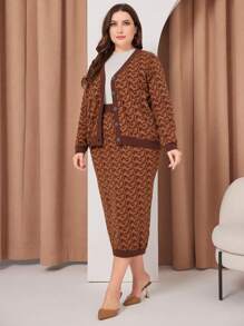 Mulvari Women'S Plus Size Full Printed Button Up Cardigan And Skirt Set 2 Piece Set - Brown - View 6