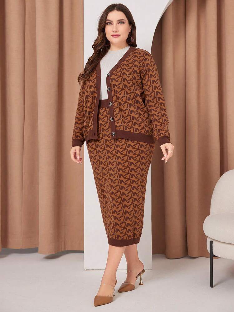 Women'S Plus Size Full Printed Button Up Cardigan And Skirt Set 2 Piece Set