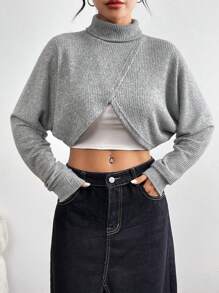 SHEIN Essnce 女式純色高領蝙蝠袖交叉包款短版 T 卹 - 灰色 - 查看 6