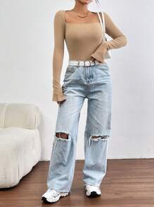 SHEIN Essnce Cổ vuông Tay áo dài Áo thun - Lạc đà - Xem 6