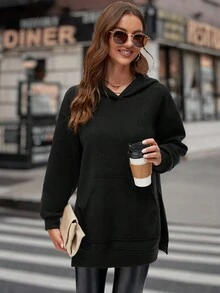 SHEIN LUNE Women's Solid Color Drop Shoulder Hooded Sweatshirt - Black - View 4