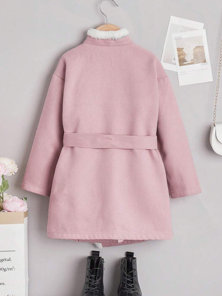 Girls' Double-breasted Striped Diagonal Placket Design Woolen Coat With Belt, For Older Children