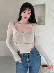 DAZY 女式长袖罗纹针织不对称下摆T恤上衣 - 卡其色 - 查看 3