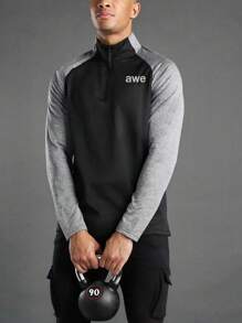 Manfinity Sport Corelite 男友风男士字母印花拼色插肩袖运动夹克健身上衣运动夹克 - 黑色 - 查看 1