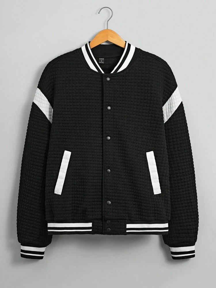 Oversized Men's Colorblock Striped Trim Drop Shoulder Varsity Jacket, For Fall Winter