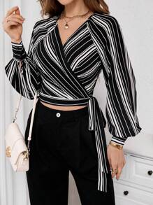 SHEIN Privé Women's Striped Print Raglan Sleeve Crop Tie Front Shirt - Black and White - View 4