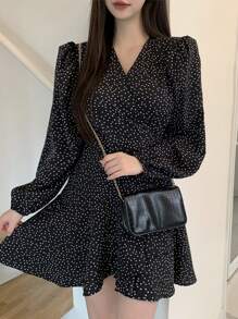 DAZY 女士V领泡泡袖连衣裙，秋季连衣裙长袖连衣裙