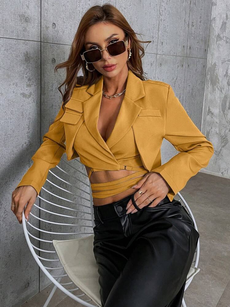 SHEIN Privé Ladies' Yellow V-neck Suit Jacket | SHEIN