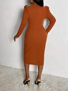 Slaydiva Hơn Cắt ra phía trước Trang trí ren Ống tay áo Viền hoa tulip Váy bodycon - Gỗ đỏ - Xem 2