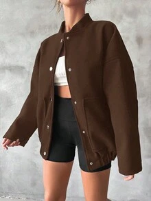 SHEIN Cottnline 斜口袋插肩袖花呢外套 - 咖啡棕 - 查看 3